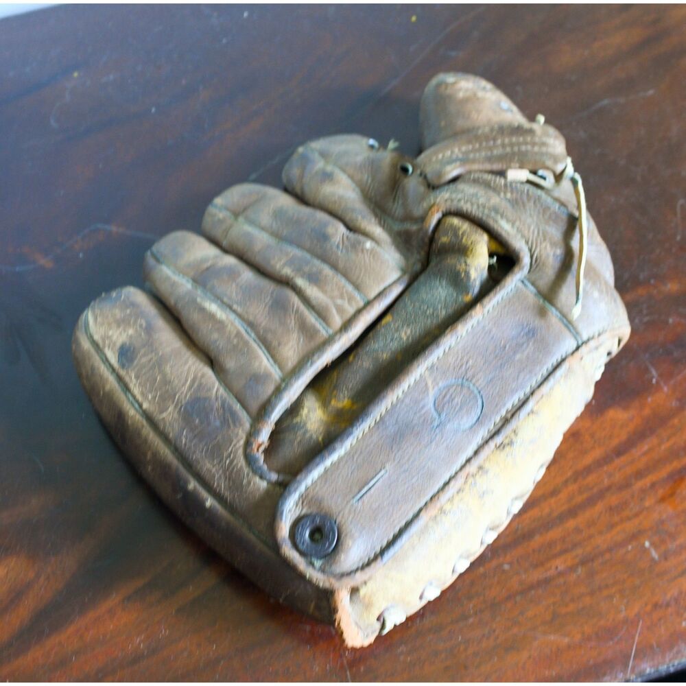 Vintage Leather Baseball Glove Antique Split Finger Mitt Lace Back Buckle Strap
